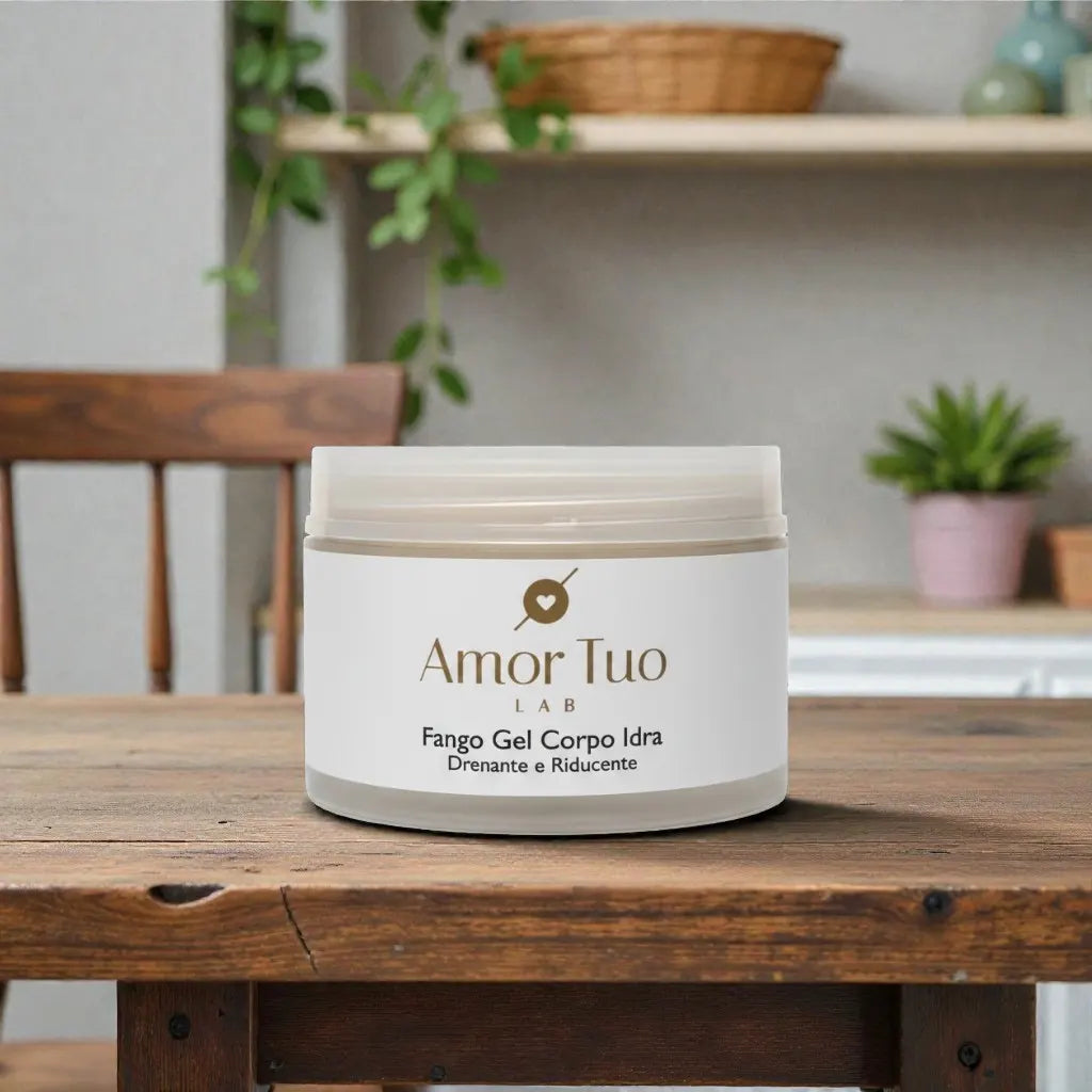 Fango Gel Corpo Idra Amor Tuo Lab, vasetto da 250 ml su un tavolo in legno