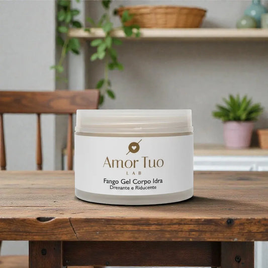 Fango Gel Corpo Idra Amor Tuo Lab, vasetto da 250 ml su un tavolo in legno